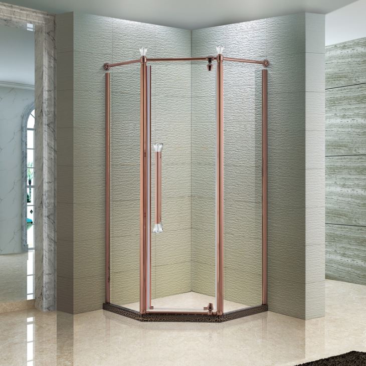 Puerta de ducha de vidrio con bisagras hexagonal de rosa dorada